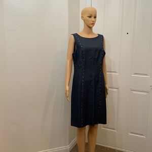 Sharagano Dress Sz 14 Midi Scoop Neck Slimming Navy Blue Silver Stud Back Zipper